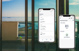 Two smartphones show the inputSensorD by Blebox smart home app for monitoring with the 2-Channel Smart Wi-Fi Input Status Module, placed before a glass door with a balcony, sea view, blue sky, and a ship in the distance.