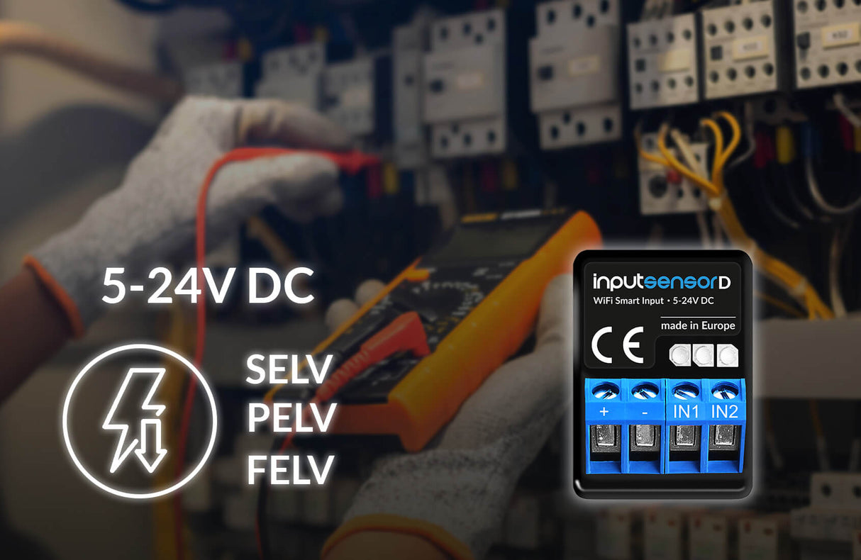 A person checks wiring with a multimeter in a control panel. In front, the 2-Channel Smart Wi-Fi Input Status Module ~ inputSensorD by Blebox (5-24V DC) highlights advanced home automation; SELV, PELV, and FELV icons are visible.