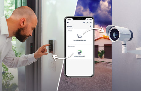 A man uses the 2-Channel Smart Wi-Fi Input Status Module ~ inputSensorD by Blebox with a security keypad, smartphone app, and outdoor camera—arrows show seamless integration of all devices.