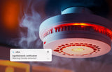 The 2-Channel Smart Wi-Fi Input Status Module ~ inputSensorD by Blebox detects smoke, glows red, and sends a screen alert: “inputSensorD: notification. Warning! Smoke detected!”—perfect for smart home automation systems.