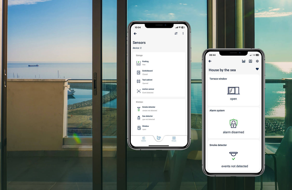 Two smartphones show the inputSensorQ by Blebox app with 4-channel smart Wi-Fi status and home automation controls, in front of a glass door overlooking a sunny seaside balcony with calm blue water.
