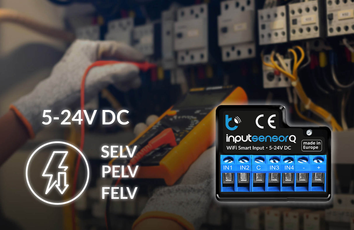 A technician in gloves uses a multimeter on an electrical panel. In the foreground is the 4-Channel Smart Wi-Fi Input Status Module inputSensorQ by Blebox (5–24V DC), featuring connection ports and certification symbols—ideal for home automation.