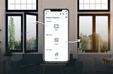 A smartphone displays the inputSensorQ by Blebox app, showing left, right, and roof window statuses via the 4-Channel Smart Wi-Fi Input Status Module. Behind it, large living room windows reflect this seamless home automation.