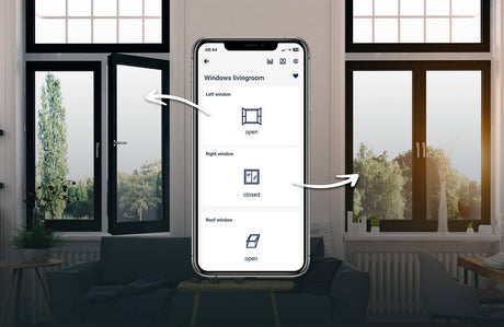 A smartphone displays the inputSensorQ by Blebox app, showing left, right, and roof window statuses via the 4-Channel Smart Wi-Fi Input Status Module. Behind it, large living room windows reflect this seamless home automation.