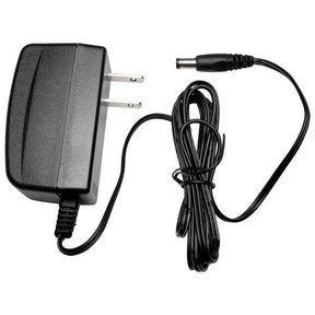 A black 12V 1A Switching AC/DC Plug-Type Power Supply with UL listing, two metal prongs, and a long black cord ending in a barrel plug is shown coiled beside the adapter on a white background; ideal for R-Tech devices.