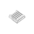 A 5Pin LED RGBW Strip Light Connector in clear plastic, featuring four metallic pins and four circular sockets, is angled on a plain white background for easy RGBW light strip connections.