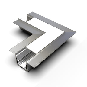 A metallic, L-shaped 90 Degree Connector for RPL35US Profile with a white inner surface is seen from above on a white background. It displays ribbed and smooth textures plus an open channel for LED channels along one edge.