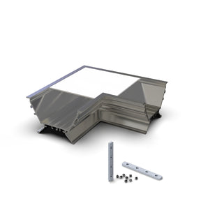 The 90 Degree Connector for RPLW80FL Profile is a metal L-shaped corner piece with a white panel inset, shown with two mounting brackets and six screws—ideal for LED Channels or the RPLW80 FL profile—all displayed on a white background.