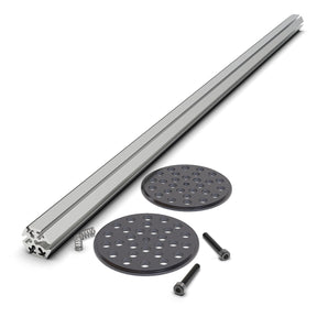 LED Mounting Kit for Smokies70 Profile with Hexagon Heatsink, featuring an aluminum T-slot extrusion bar, two perforated black plates, an anodized end cap, two screws, and a small metal spring on a white background.