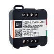 The MINI-1CV-CASAMBI is a black, rectangular Miniature 1-Channel LED Dimmer with Casambi, featuring screw terminals, labeled input/output, DALCNET and CASAMBI branding, and Casambi App compatibility for simple LED lighting control.