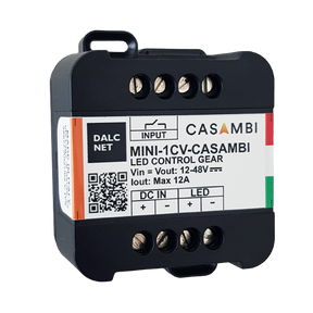 The MINI-1CV-CASAMBI is a black, rectangular Miniature 1-Channel LED Dimmer with Casambi, featuring screw terminals, labeled input/output, DALCNET and CASAMBI branding, and Casambi App compatibility for simple LED lighting control.