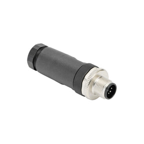 The RGBW Male 5-pin Waterproof M12 Connector is a black cylindrical connector with a metal threaded end, designed for secure cable connections in industrial or electronic equipment. It offers IP67 waterproof protection for reliable performance.