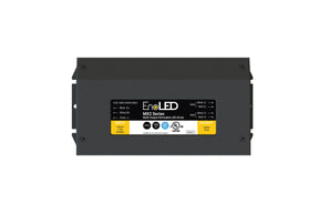 The black rectangular EnoLED MX2 Series Multi-Channel Dimmable Class 2 LED Driver (24V) features IP65 rating, input/output labels, model details, certifications, and wiring instructions on its central label.