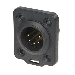 The 5-Pole XLR Connector is a black, rectangular panel-mount connector with five gold pins in a circular housing, designed for installation with four corner screws. It features UV-resistant materials and an IP65 rating for dependable use in tough settings.