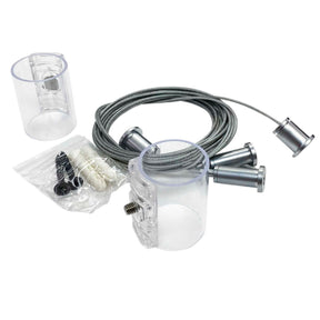 The Horizontal Hanger for Neon 360 Series includes transparent cylindrical mounts, silver-ended suspension cables, wall anchors, and screws, all arranged on a white background.