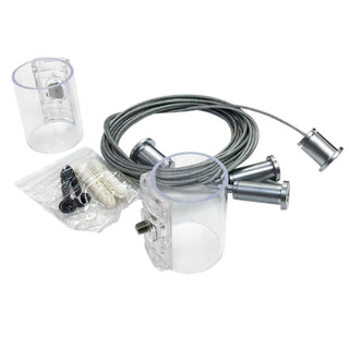 The Horizontal Hanger for Neon 360 Series includes transparent cylindrical mounts, silver-ended suspension cables, wall anchors, and screws, all arranged on a white background.