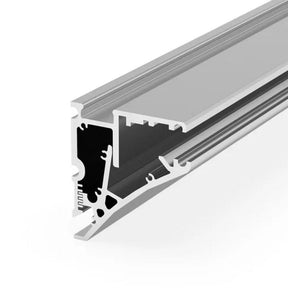 A close-up of the Shelf Bracket Edge-Lit LED Channel ~ Model Pula P10, a silver aluminum extrusion with multiple channels and ridges, designed for illuminated shelves, shown against a white background.