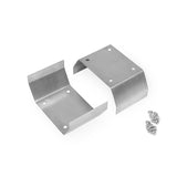 Two metal Recess Mounting Clips for Phil Recessed Profile, each with four holes, are displayed beside silver screws on a white background, ideal for secure installation.