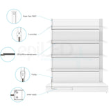 Diagram displaying the installation of Power Track Twist LED shelf lighting with labeled parts – Power Track Twist, plugs, power supply, and LED profile – on a multi-shelf display. Insets highlight connections and LED lighting integration.