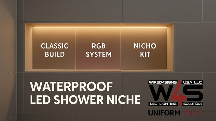 Waterproof LED strip lighting installed in a tiled shower niche