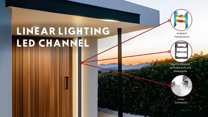 Exterior entrance with linear LED channel lighting and callouts for color temperature, light direction and connector