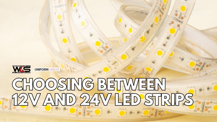 LED strip lighting comparison graphic for 12V versus 24V systems