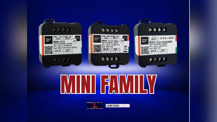 Three compact MINI LED Dimmer units shown with their small form-factor dimensions