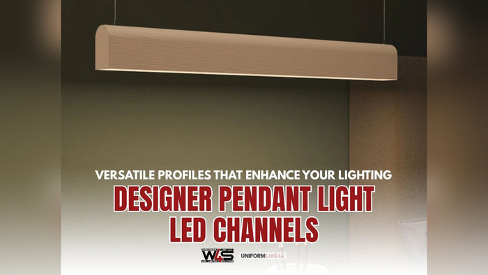 Geometric pendant LED channel fixture suspended above a room, glowing with linear light