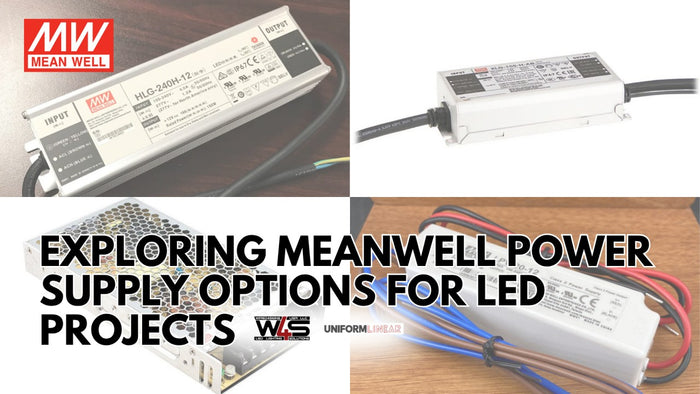 Meanwell XLG and LPV waterproof LED power supplies alongside an LRS enclosed driver