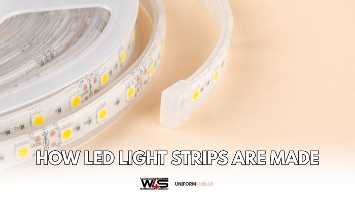 Close-up of an LED strip light showing surface-mounted diodes on a flexible circuit board