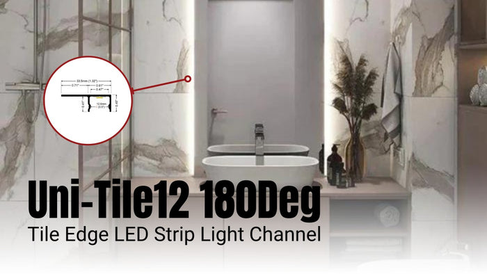 Uni-Tile12 tile edge LED strip light channel installed along a tiled wall corner