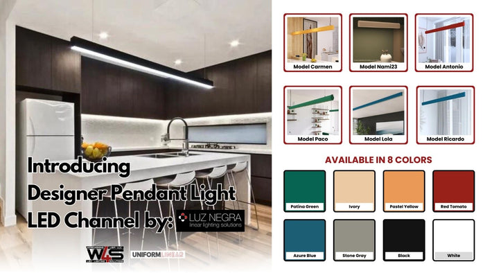 Luz Negra designer pendant light LED channels over a kitchen island, with available colors