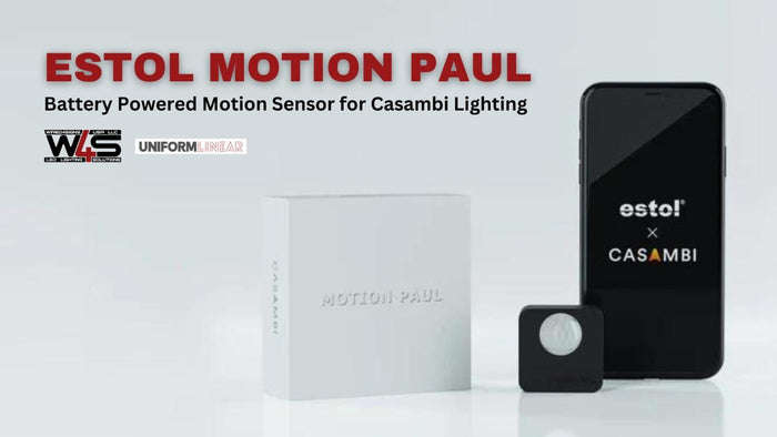 Estol Motion Paul battery-powered motion sensor for Casambi lighting, with packaging and phone