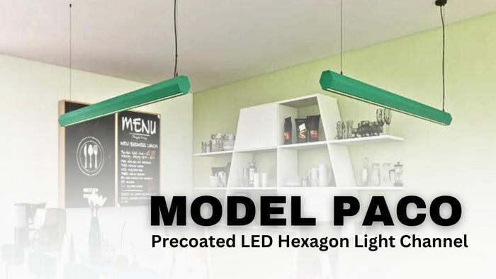 Model Paco precoated LED hexagon light channel pendants above a cafe counter