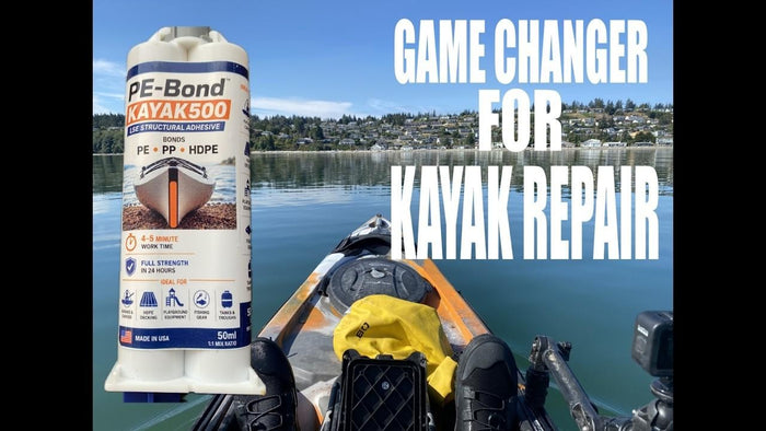 PE-Bond Kayak500 adhesive cartridge in front of a kayak on a lake