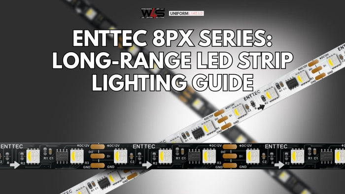 Close-up of ENTTEC 8PX Series long-range RGBW LED pixel strip lit in multiple colors
