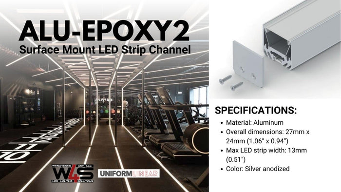 Alu-Epoxy2 surface mount LED strip channel in a gym, with end cap and specifications