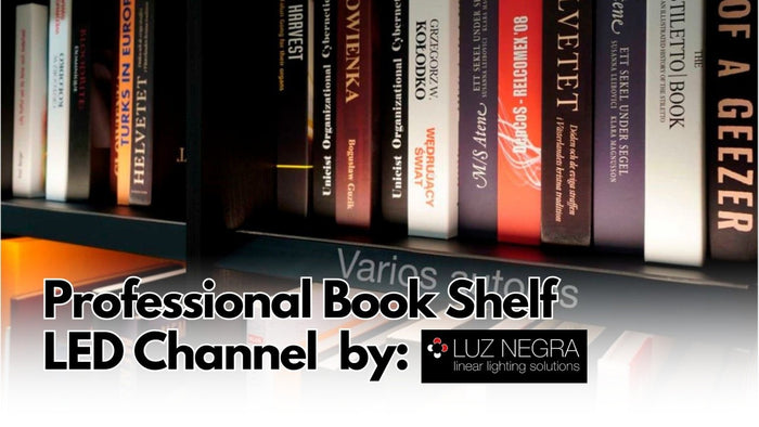 Luz Negra professional bookshelf LED channel lighting a shelf of books