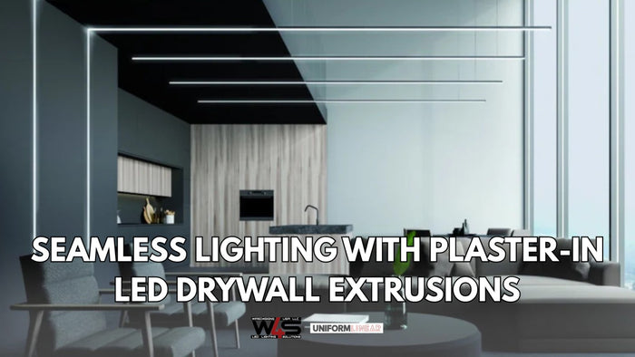 Trimless plaster-in LED channel recessed into a drywall ceiling, emitting a clean line of light