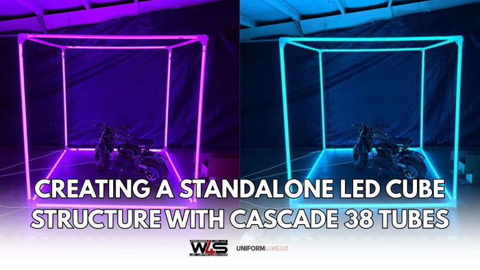 Freestanding illuminated LED cube structure made from round acrylic tubes