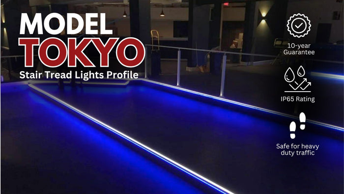 Tokyo stair tread LED profile installed on staircase steps with illuminated diffuser
