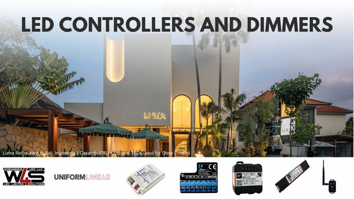 Collage of LED strip controllers including Casambi, Blebox, and DMX models