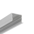 Close-up of a silver, U-shaped 1.3” Deep-Section Recessed LED Channel (Model Vario30-07) with inner grooves, ideal for housing LED strip lights or use as a structural component in furniture and construction.