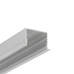 Close-up of a silver, U-shaped 1.3” Deep-Section Recessed LED Channel (Model Vario30-07) with inner grooves, ideal for housing LED strip lights or use as a structural component in furniture and construction.