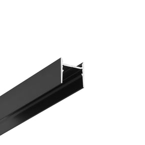 Close-up of the Small Anti-Glare Lighting LED Channel ~ Model Cozy12, a black metal profile with an I-beam-like hollow section, shown at an angle against a white background—ideal for low-glare and soft lighting installations.