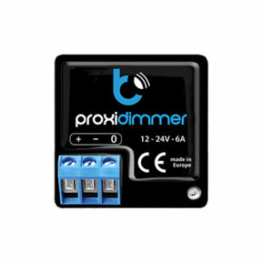 A black proxiDimmer by Blebox features blue terminals, is labeled 12–24V 6A and CE marked. It enables touchless dimming via a proximity sensor, shows the logo, plus Made in Europe at the bottom right corner.