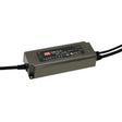 A rectangular black Single Output LED Constant Voltage Driver (24V) from the Meanwell PWM Series features model PWM-60-24, PWM style output, cables on both ends, certification marks, and an IP67 waterproof rating.