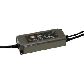 A rectangular black Single Output LED Constant Voltage Driver (24V) from the Meanwell PWM Series features model PWM-60-24, PWM style output, cables on both ends, certification marks, and an IP67 waterproof rating.