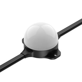 The Enttec PXL Series Smart LED Pixel Light Dots feature a white dome top, black base, two black cables, mounting holes for easy installation, and are ideal for architectural lighting.