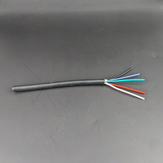 The 5-Core 18 AWG Silicone Sheathed Wire for RGBW LED Strip features black outer insulation partially stripped to reveal five colored wires (black, blue, green, red, white), displayed on a plain dark surface.